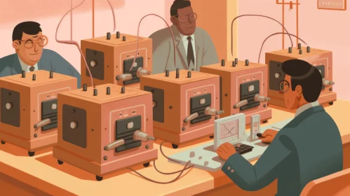 Captivating Illustration of Men Creating an Electronic Machine | Harlem Renaissance Inspiration