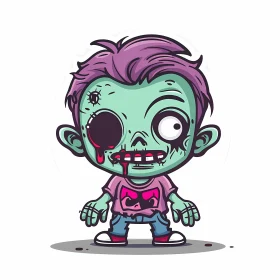 Cartoon Illustration of Zombie Boy with Green Skin and Purple Hair