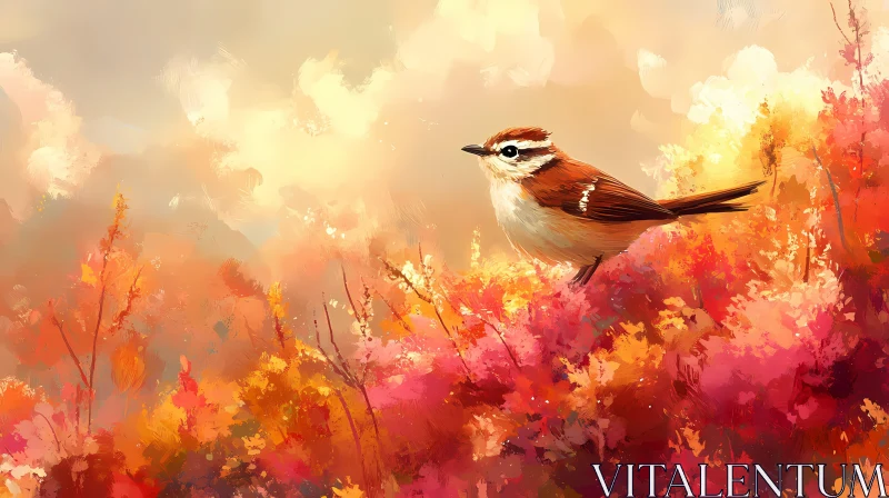 Autumn Bird amidst Bright Leaves AI Image