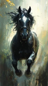 Galloping Black Horse Painting