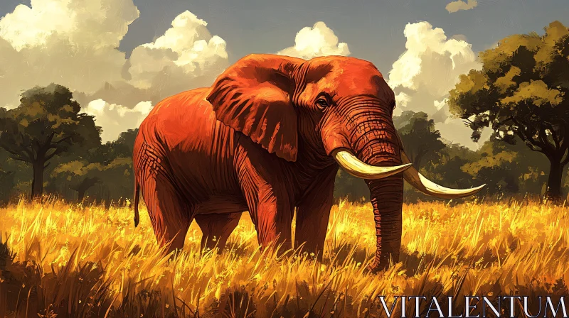 Majestic Red Elephant in Golden Landscape AI Image