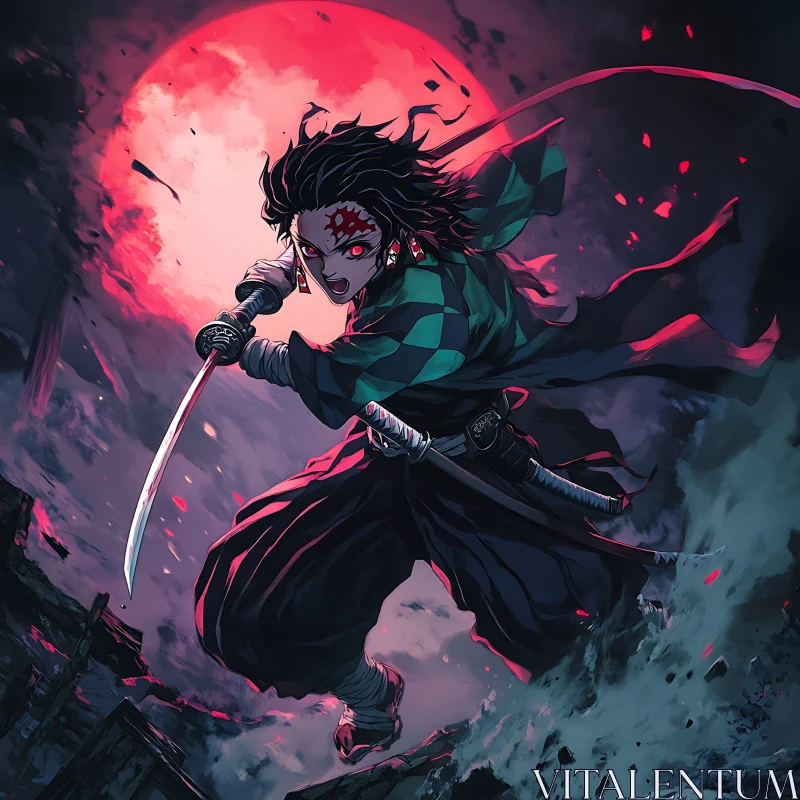 Anime Character with Sword and Red Moon AI Image