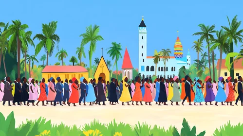 Community Procession Near Tropical Buildings