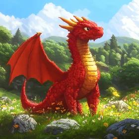 Red Pixelated Dragon in Grassy Field