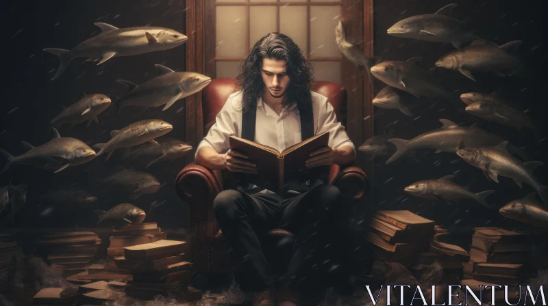 Enigmatic Portrait: Man Reading a Book Amongst a Sea of Fish AI Image