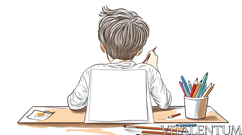 Boy Drawing with Pencils on White Paper AI Image