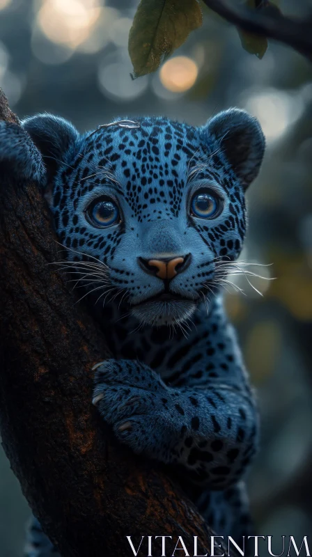 Mystical Blue Leopard Cub in Woods AI Image