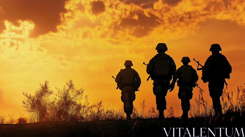 Silhouette of Soldiers Against Orange Sky AI Image