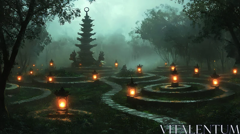 Lantern Lit Path Through Misty Forest AI Image