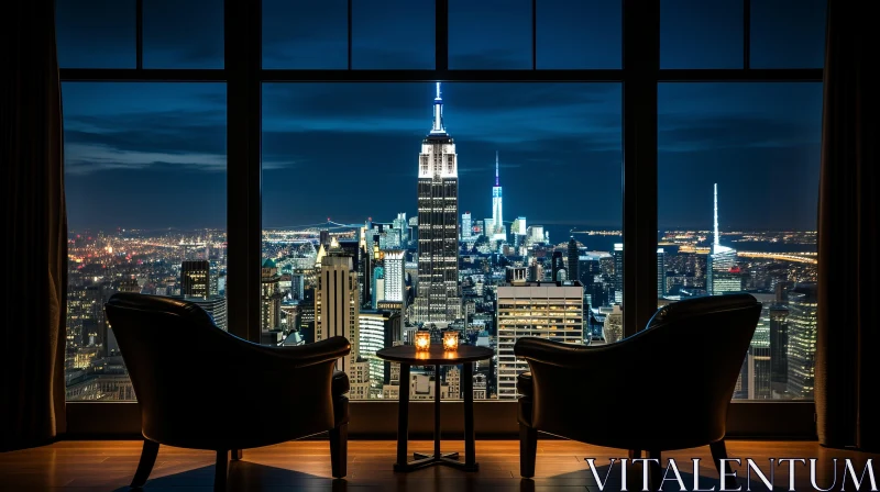 Luxurious Night View Manhattan Suite: Leather Chairs and Cityscape AI Image