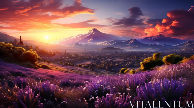 Mountain Valley with Purple Flowers at Sunset AI Image