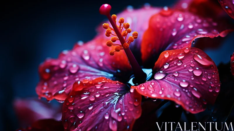 Rain-Kissed Red Hibiscus: An Exotic Floral Display AI Image