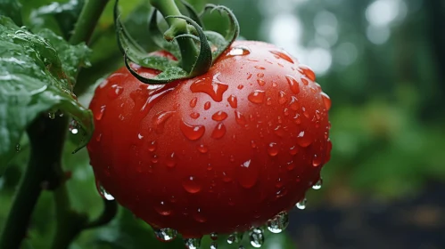 Ripe Tomato on Plant with Rain Drops - Matte Finish Photo