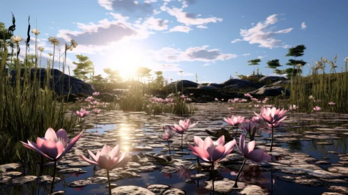 Serene Lotus Field under the Glowing Sun - Australian Landscape