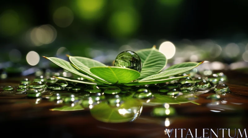 Tranquil Green Leaf on Water - Nature's Enchanting Realm AI Image