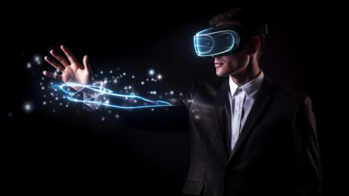 Virtual Reality Experience: Young Businessman in a Rollerwave of Glowing Lights