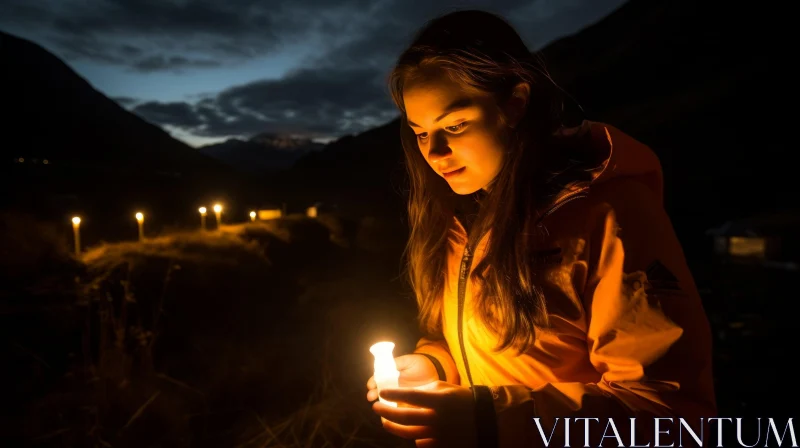 Woman Holding Torch in Darkness near Mountains - Powerful and Captivating Image AI Image