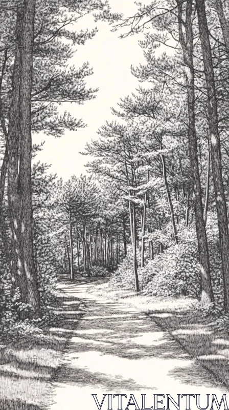 AI ART Serene Forest Path in Monochrome Illustration