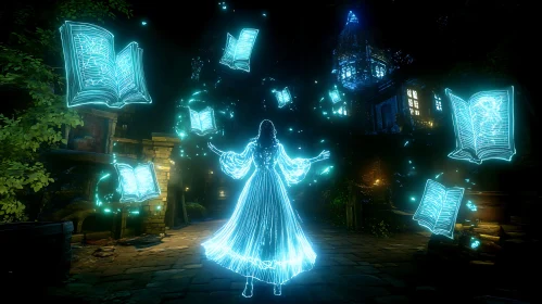 Mystical Glowing Books and Woman