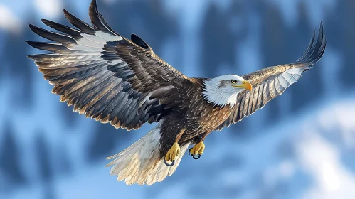 Eagle Soaring Across Snowy Landscape