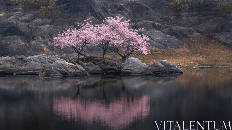 AI ART Serene Lake with Pink Blossoming Tree and Rocky Surrounding