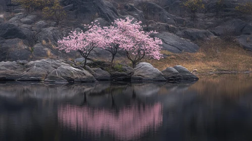 Serene Lake with Pink Blossoming Tree and Rocky Surrounding