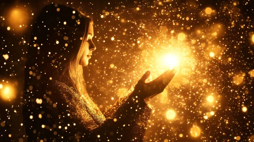 Woman Holding Golden Light Artwork