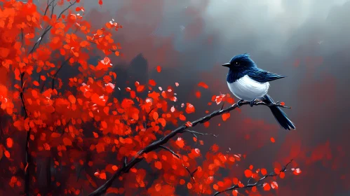 Bird Perching on a Branch in Red Foliage