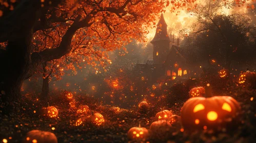 Glowing Pumpkins in a Spooky Autumn Field