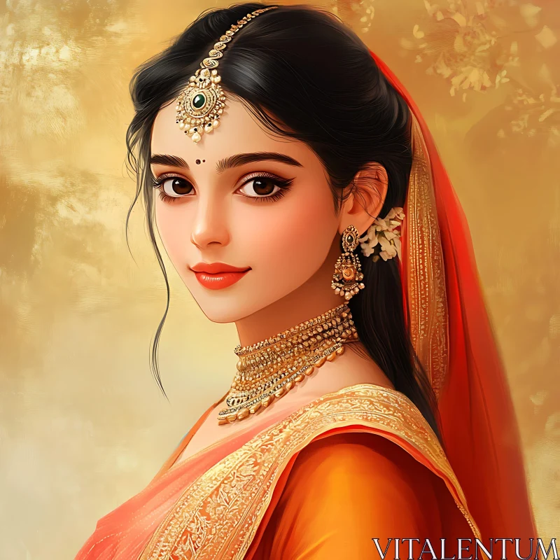 Serene Portrait of Woman with Gold Adornments AI Image