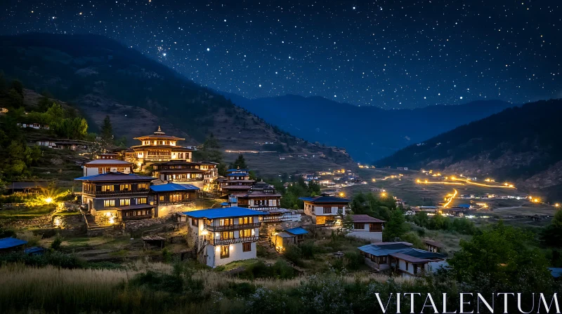 Night in Mountain Village AI Image