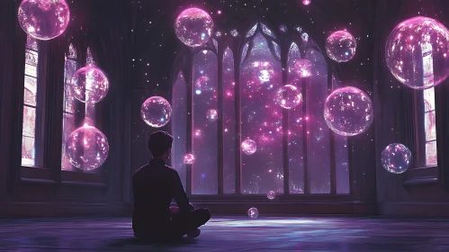 Man Meditating in Cosmic Room