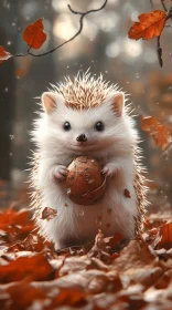 Hedgehog Holding Nut in Leafy Forest