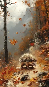 Hedgehogs on an Autumn Forest Path