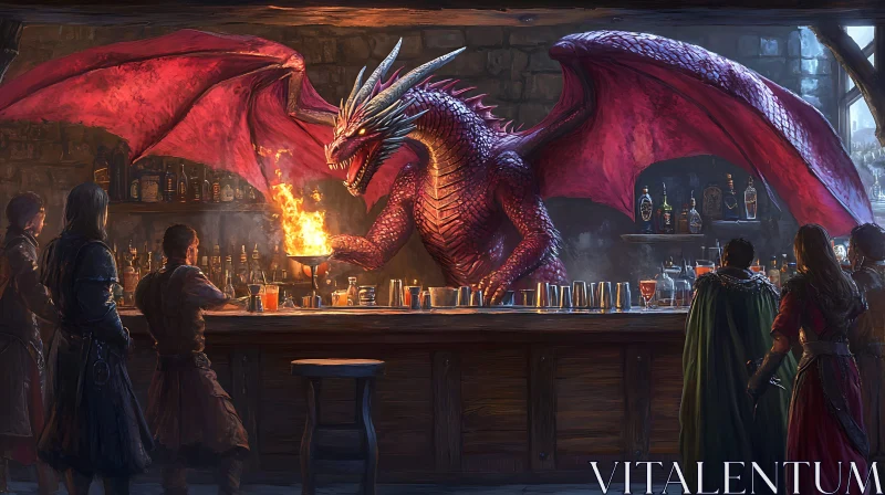 AI ART Red Dragon Serving Drinks in Tavern