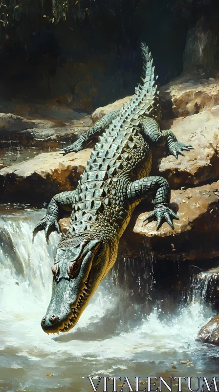 Crocodile on Rocky Ledge AI Image