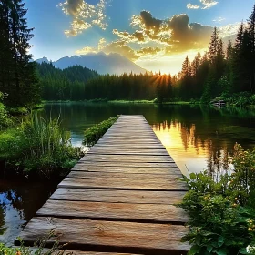 Serene Sunset over Forest Lake with Pier
