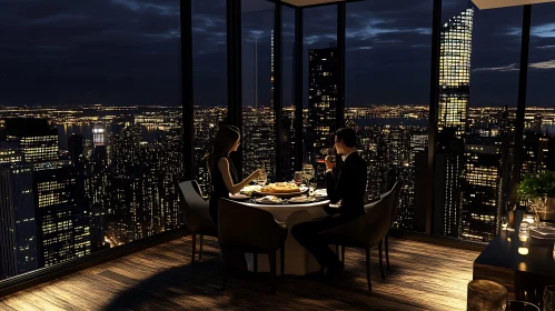 Couple Dining Overlooking Illuminated Cityscape