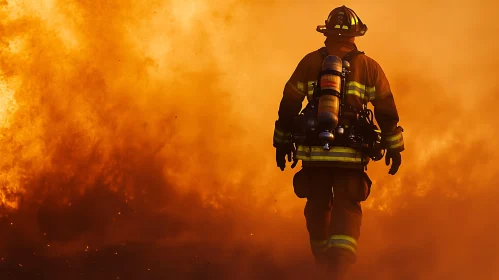 Brave Firefighter Approaching Dangerous Fire