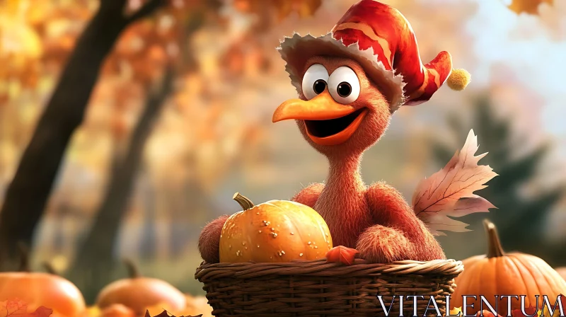 Autumn Cartoon Turkey and Pumpkins AI Image