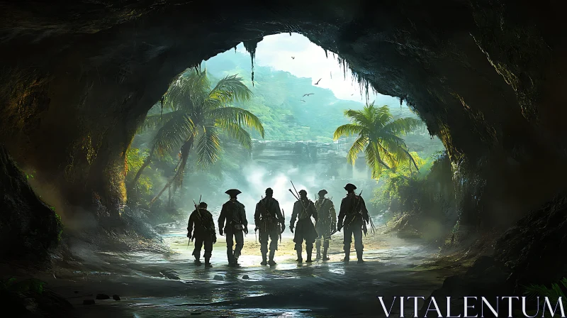 Silhouette of Pirates in Tropical Cave AI Image