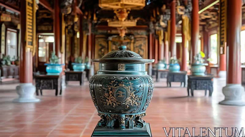 Asian Temple Interior with Decorative Vase AI Image