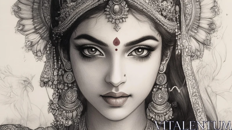 Monochrome Woman Portrait with Red Bindi AI Image