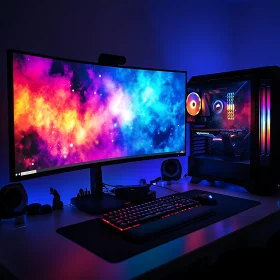 Colorful Gaming Setup with RGB Computer and Curved Screen