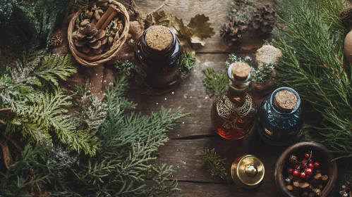 Rustic Christmas Still Life with Bottles