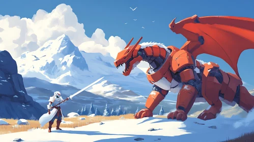 Warrior vs. Mechanical Dragon on Snowy Peak