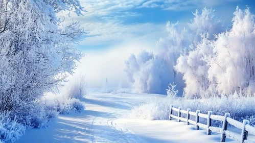 Tranquil Snowy Scene with Frost and Wooden Fence
