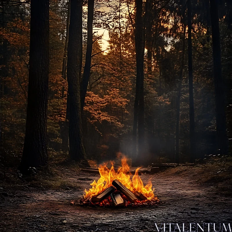 Autumn Forest Campfire Scene AI Image