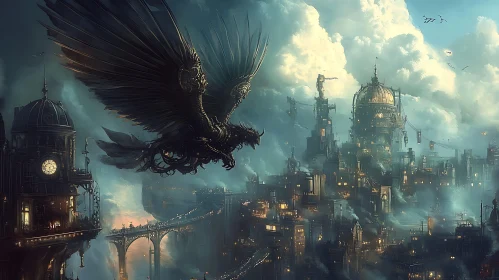 Mechanical Dragon Flight Over Steampunk City