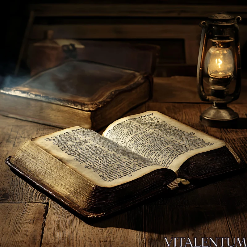 Vintage Book and Lantern Still Life AI Image